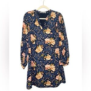Octavia Long Sleeve Floral Shift Dress Small Navy Layering Piece Workwear